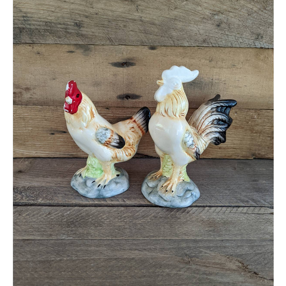Vintage Set of Two Porcelain Chicken Figurines / Hen and Rooster